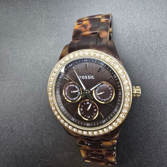 Women's Fossil Faux Tortoise Shell Watch Brown Rhinestone Quartz WORKS - Picture 9 of 9
